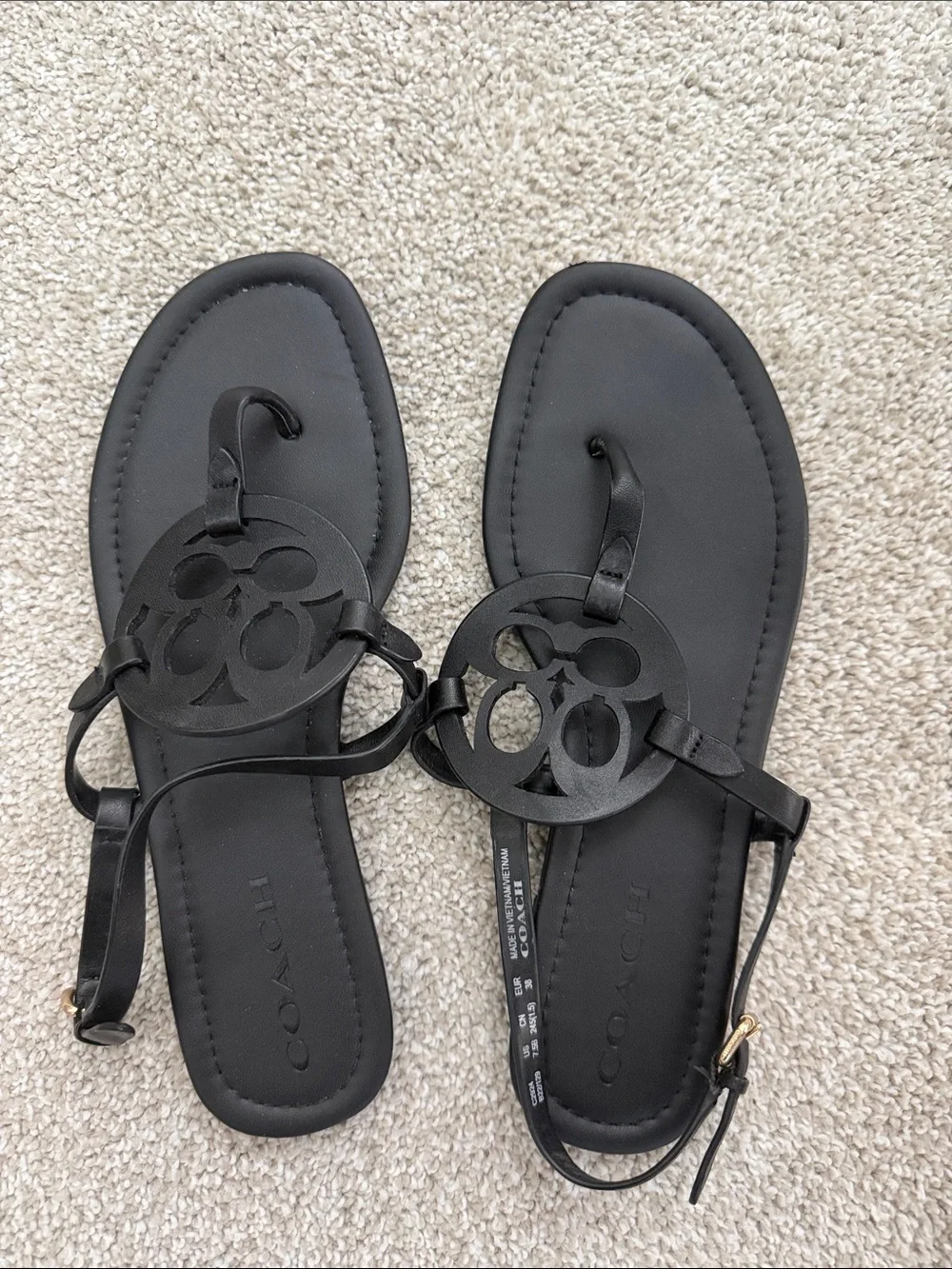 Coach Black Leather Logo Thong Sandals with Gold Buckle. Like new